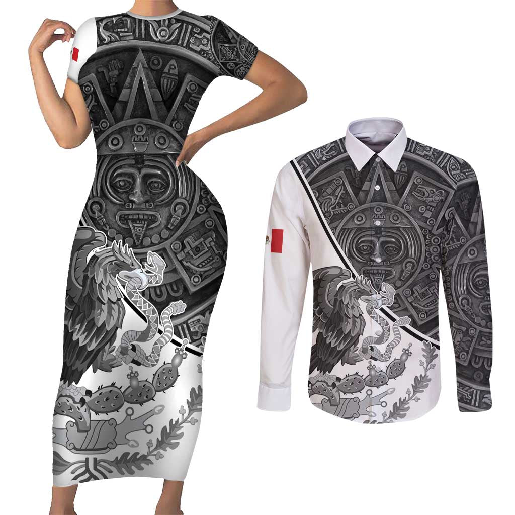 Personalized Mexico Aztec Calendar Couples Matching Short Sleeve Bodycon Dress and Long Sleeve Button Shirt Flag and Coat of Arms