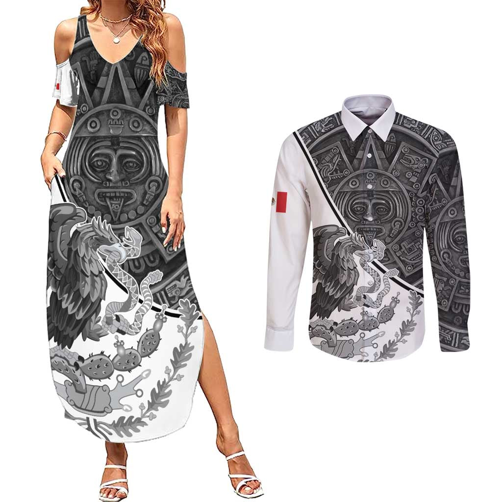 Personalized Mexico Aztec Calendar Couples Matching Summer Maxi Dress and Long Sleeve Button Shirt Flag and Coat of Arms