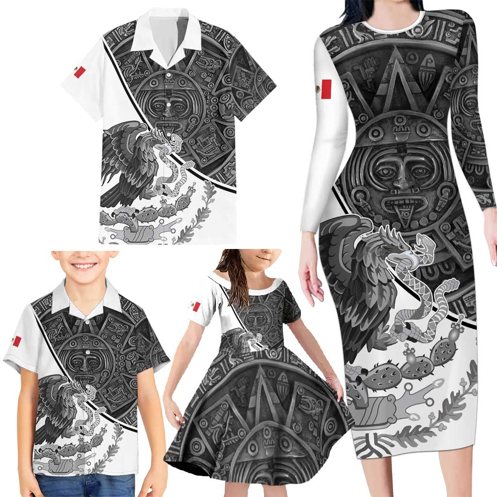 Personalized Mexico Aztec Calendar Family Matching Long Sleeve Bodycon Dress and Hawaiian Shirt Flag and Coat of Arms