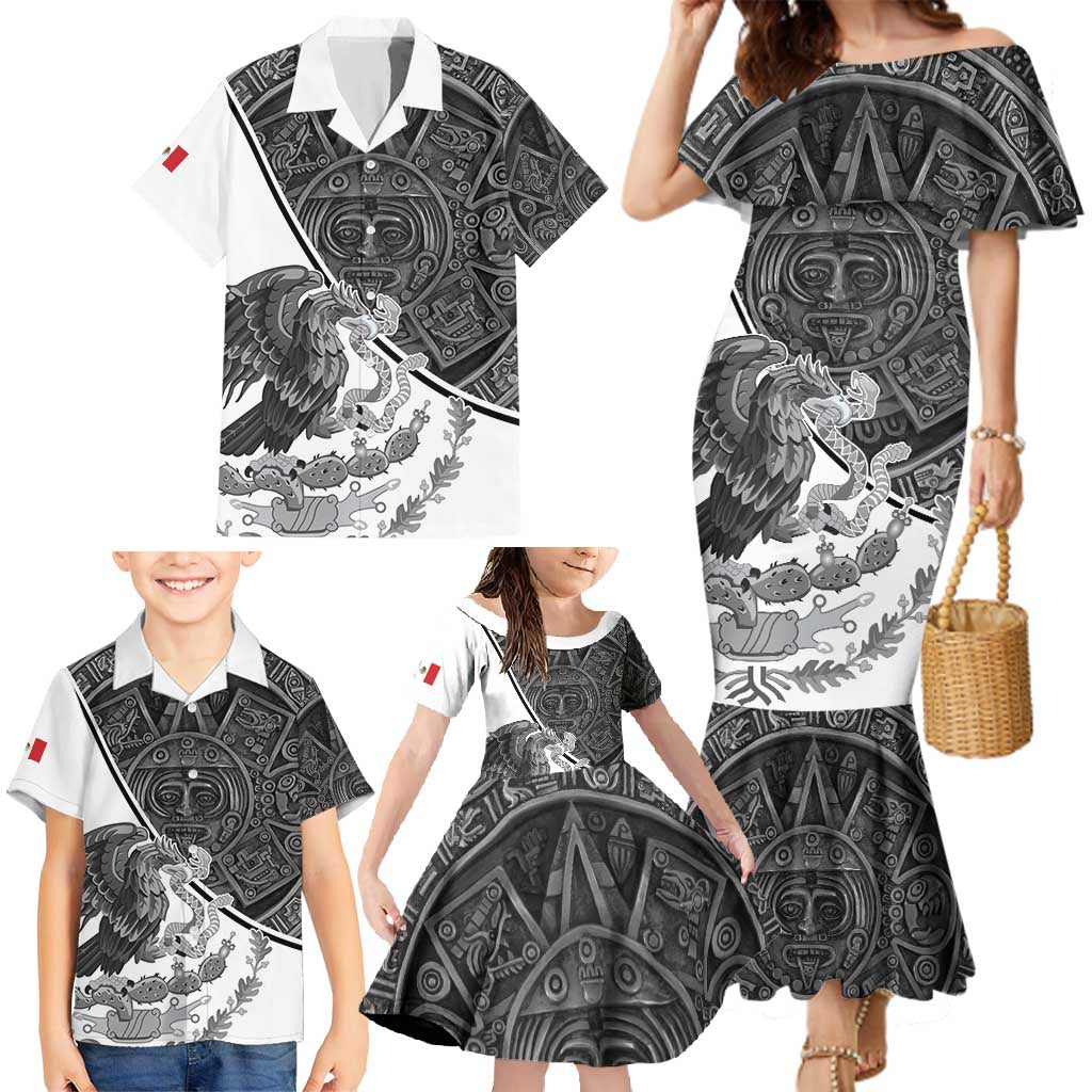 Personalized Mexico Aztec Calendar Family Matching Mermaid Dress and Hawaiian Shirt Flag and Coat of Arms