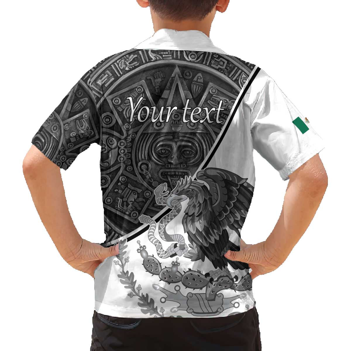 Personalized Mexico Aztec Calendar Family Matching Off The Shoulder Long Sleeve Dress and Hawaiian Shirt Flag and Coat of Arms