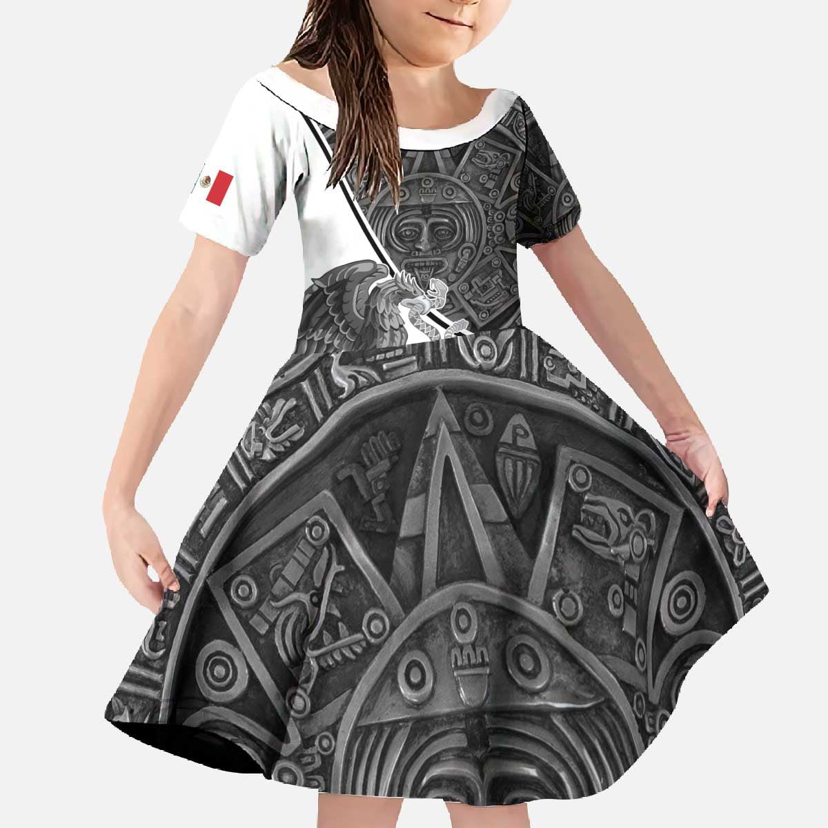 Personalized Mexico Aztec Calendar Family Matching Off The Shoulder Long Sleeve Dress and Hawaiian Shirt Flag and Coat of Arms