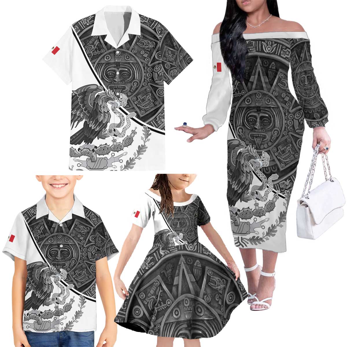 Personalized Mexico Aztec Calendar Family Matching Off The Shoulder Long Sleeve Dress and Hawaiian Shirt Flag and Coat of Arms