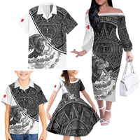 Personalized Mexico Aztec Calendar Family Matching Off The Shoulder Long Sleeve Dress and Hawaiian Shirt Flag and Coat of Arms