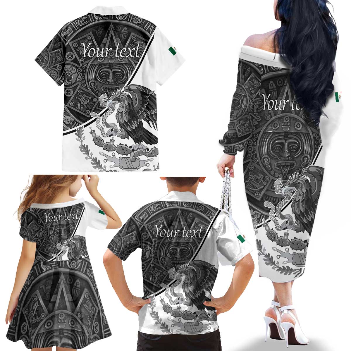 Personalized Mexico Aztec Calendar Family Matching Off The Shoulder Long Sleeve Dress and Hawaiian Shirt Flag and Coat of Arms