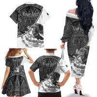 Personalized Mexico Aztec Calendar Family Matching Off The Shoulder Long Sleeve Dress and Hawaiian Shirt Flag and Coat of Arms