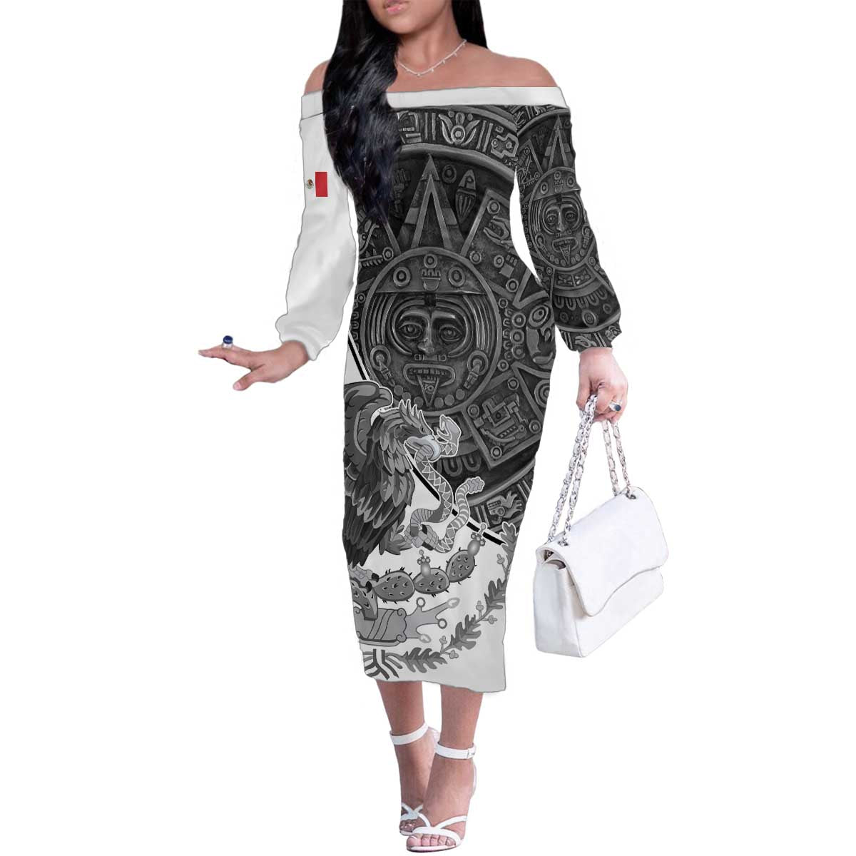 Personalized Mexico Aztec Calendar Family Matching Off The Shoulder Long Sleeve Dress and Hawaiian Shirt Flag and Coat of Arms