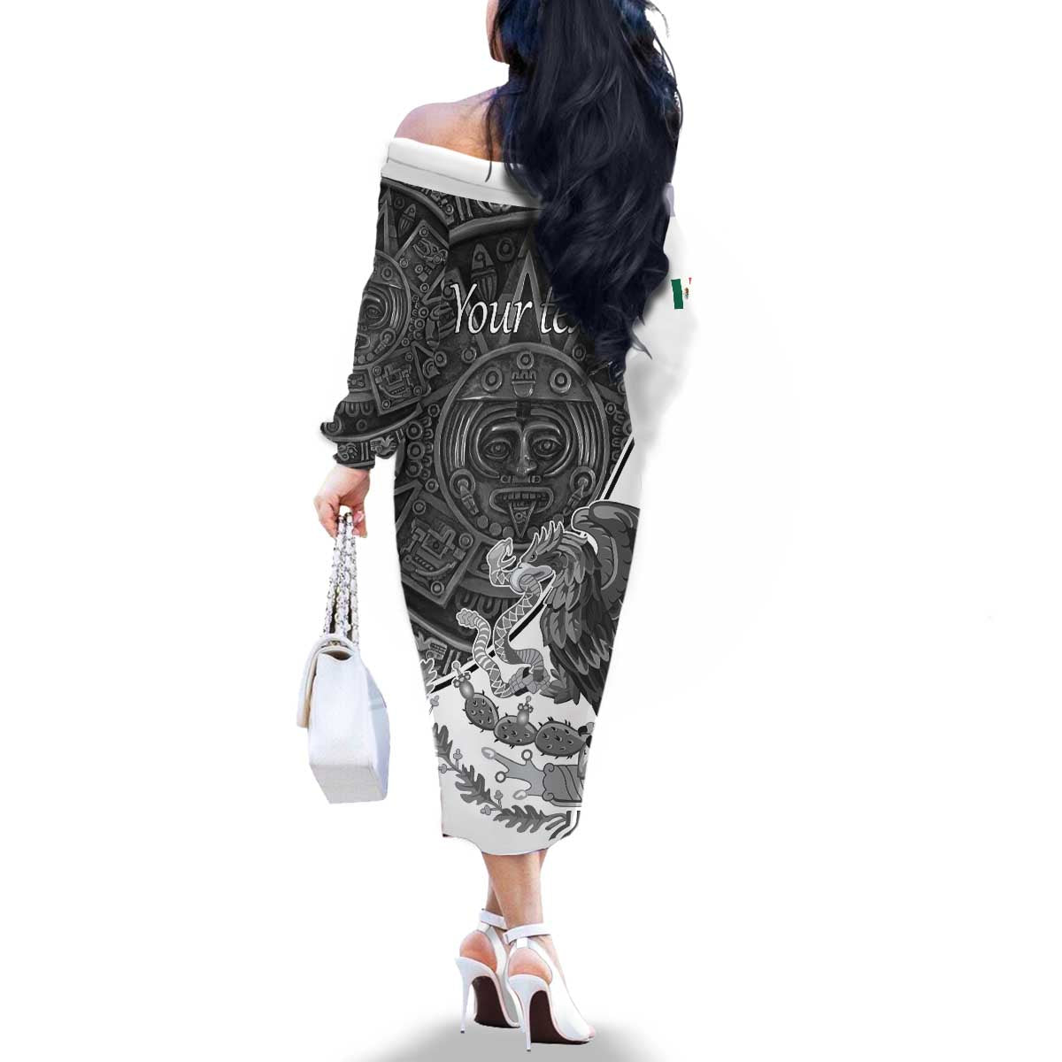 Personalized Mexico Aztec Calendar Family Matching Off The Shoulder Long Sleeve Dress and Hawaiian Shirt Flag and Coat of Arms