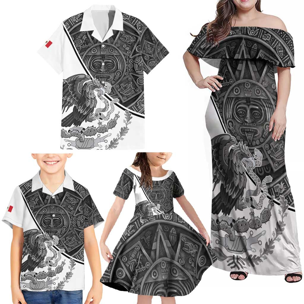 Personalized Mexico Aztec Calendar Family Matching Off Shoulder Maxi Dress and Hawaiian Shirt Flag and Coat of Arms