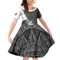 Personalized Mexico Aztec Calendar Family Matching Off Shoulder Short Dress and Hawaiian Shirt Flag and Coat of Arms
