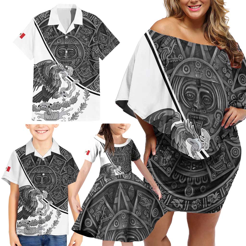 Personalized Mexico Aztec Calendar Family Matching Off Shoulder Short Dress and Hawaiian Shirt Flag and Coat of Arms
