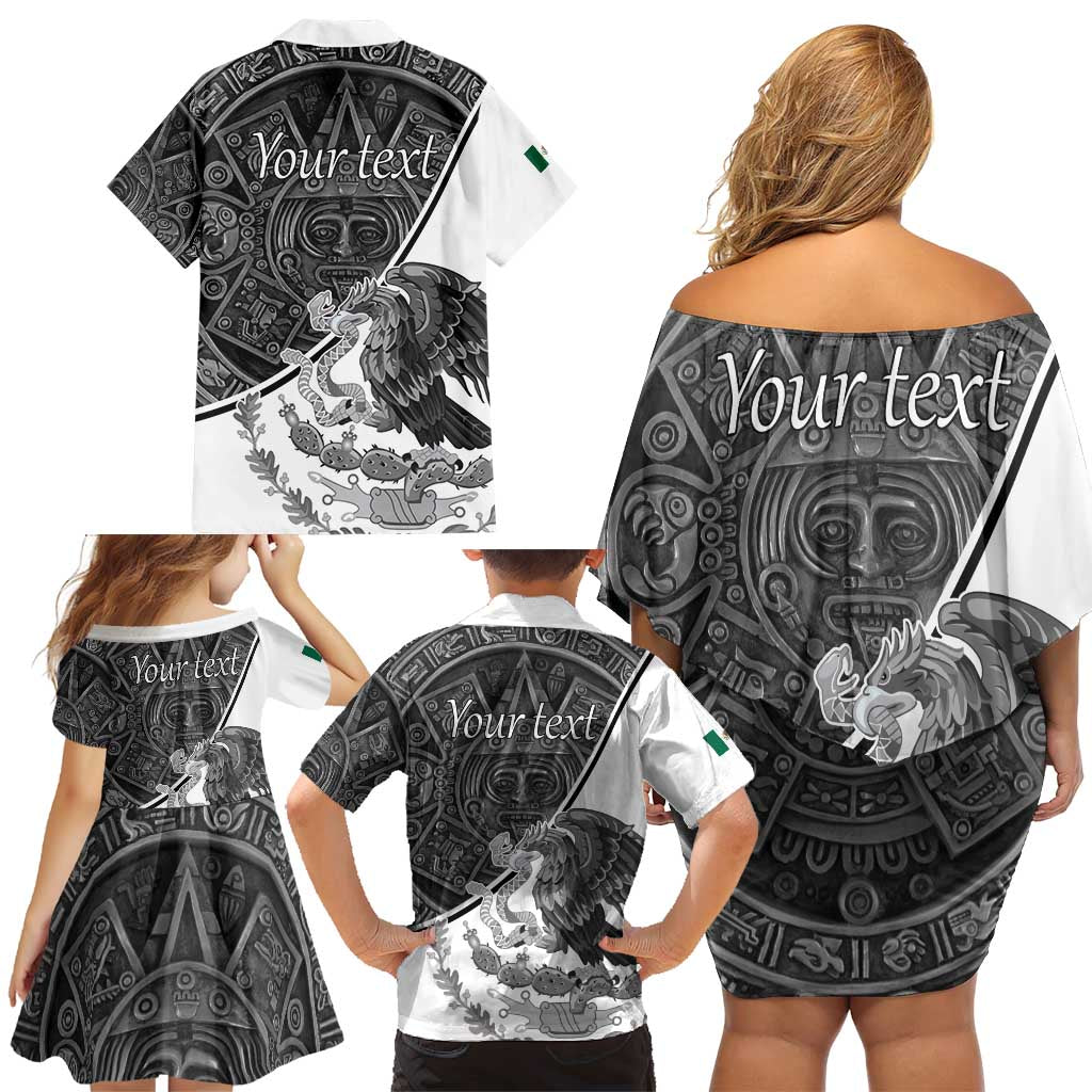 Personalized Mexico Aztec Calendar Family Matching Off Shoulder Short Dress and Hawaiian Shirt Flag and Coat of Arms