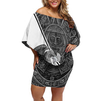 Personalized Mexico Aztec Calendar Family Matching Off Shoulder Short Dress and Hawaiian Shirt Flag and Coat of Arms