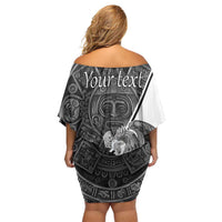 Personalized Mexico Aztec Calendar Family Matching Off Shoulder Short Dress and Hawaiian Shirt Flag and Coat of Arms