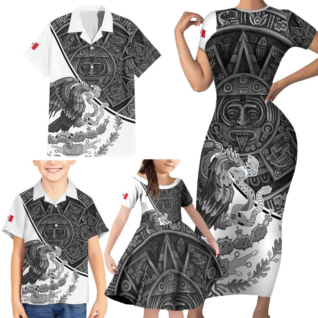 Personalized Mexico Aztec Calendar Family Matching Short Sleeve Bodycon Dress and Hawaiian Shirt Flag and Coat of Arms