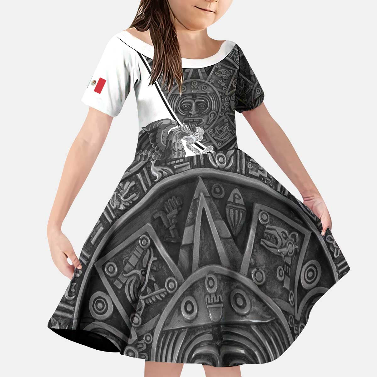 Personalized Mexico Aztec Calendar Kid Short Sleeve Dress Flag and Coat of Arms