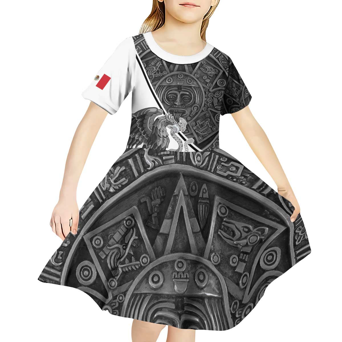 Personalized Mexico Aztec Calendar Kid Short Sleeve Dress Flag and Coat of Arms