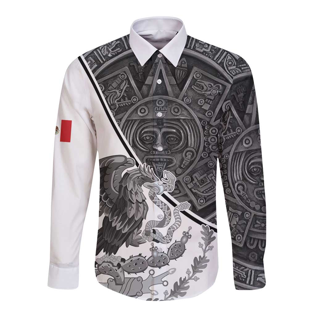 Personalized Mexico Aztec Calendar Long Sleeve Button Shirt Flag and Coat of Arms