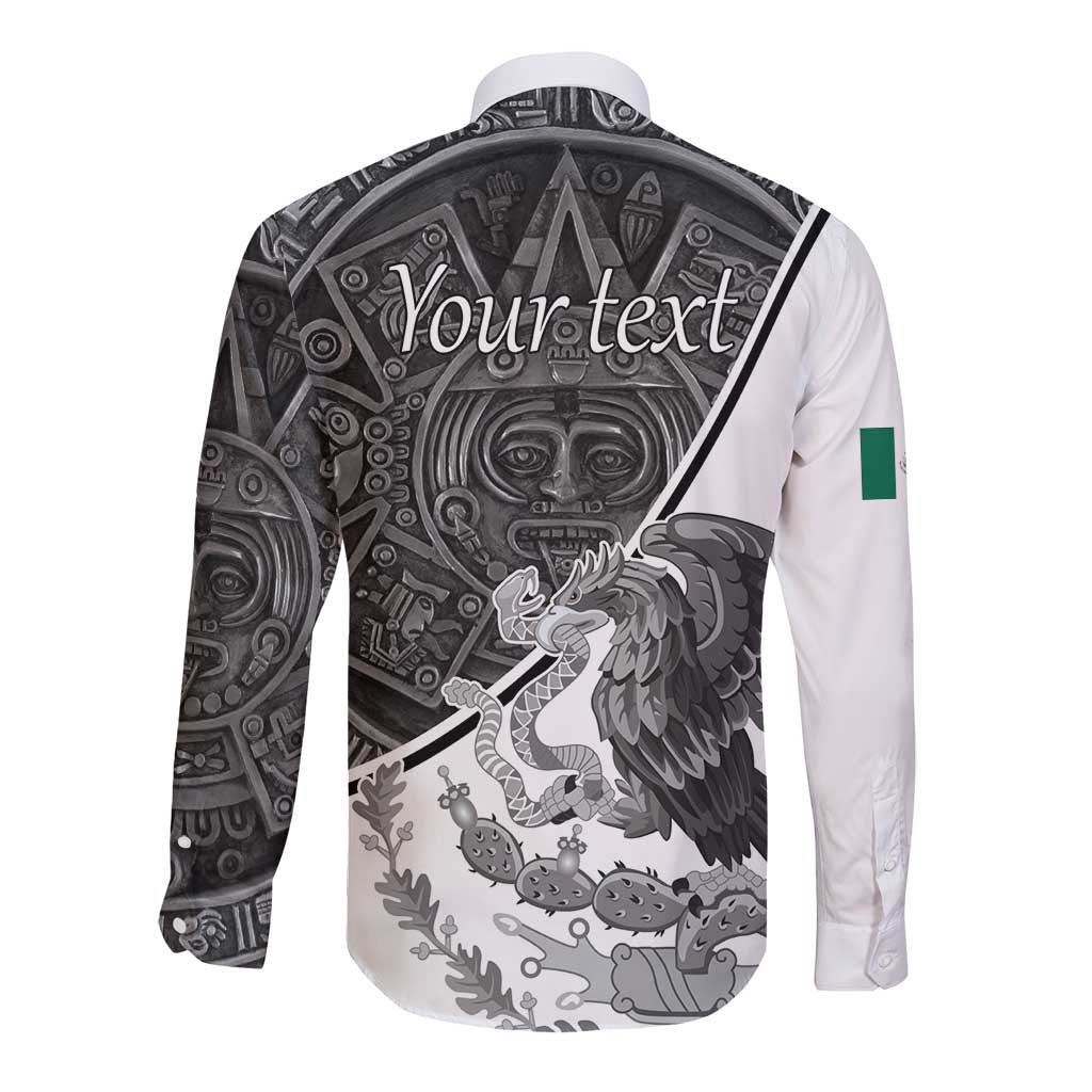 Personalized Mexico Aztec Calendar Long Sleeve Button Shirt Flag and Coat of Arms