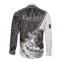 Personalized Mexico Aztec Calendar Long Sleeve Button Shirt Flag and Coat of Arms