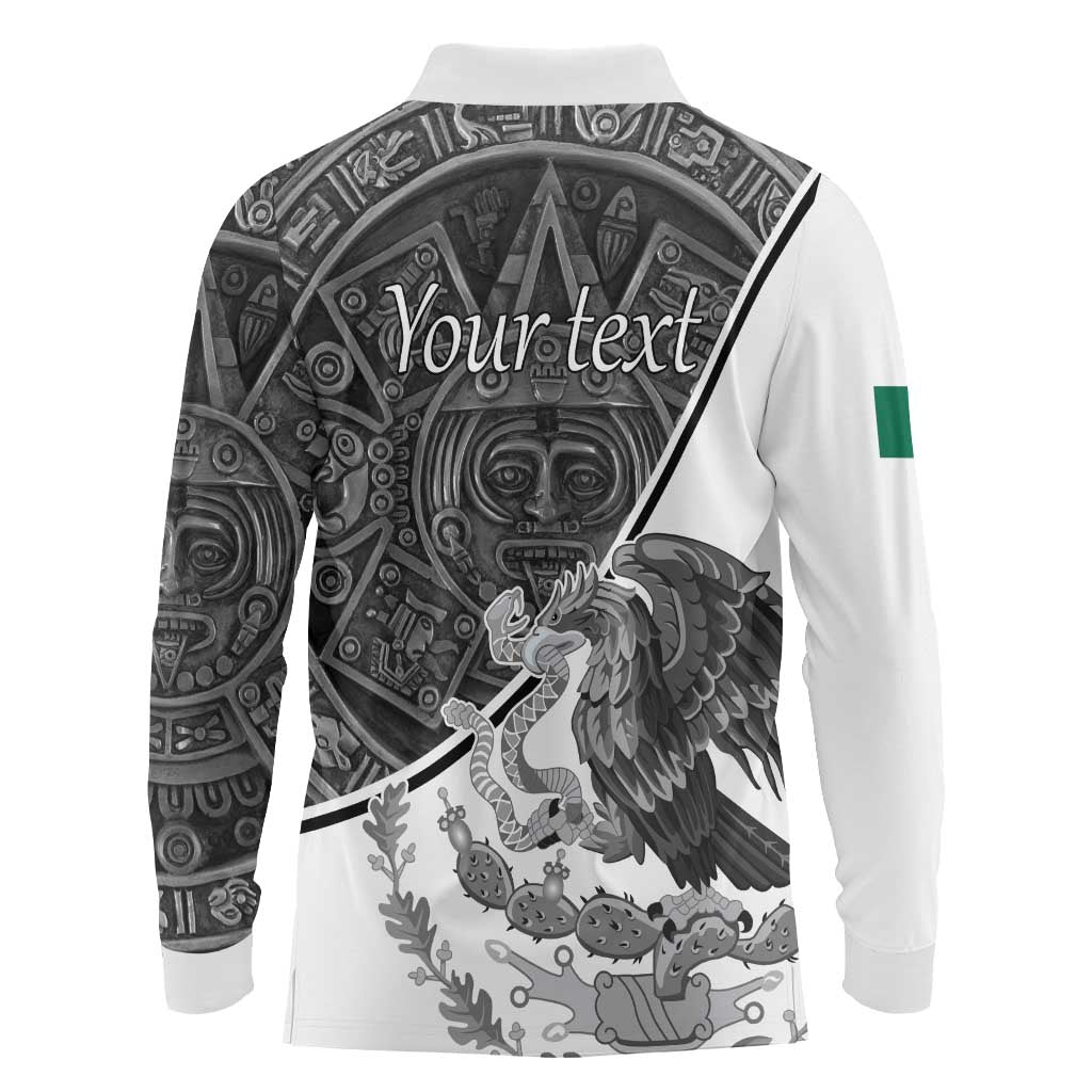 Personalized Mexico Aztec Calendar Long Sleeve Polo Shirt Flag and Coat of Arms