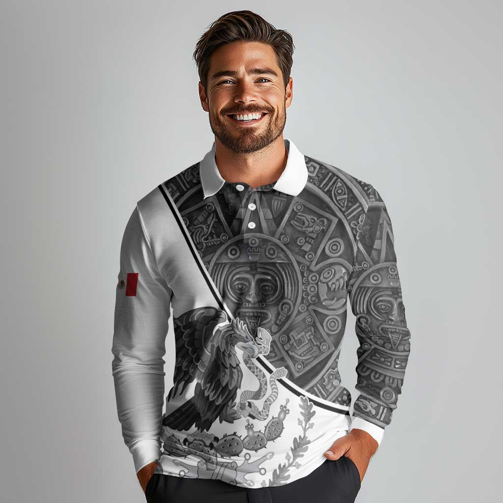 Personalized Mexico Aztec Calendar Long Sleeve Polo Shirt Flag and Coat of Arms