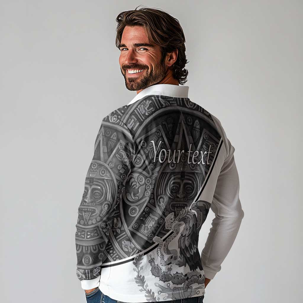 Personalized Mexico Aztec Calendar Long Sleeve Polo Shirt Flag and Coat of Arms