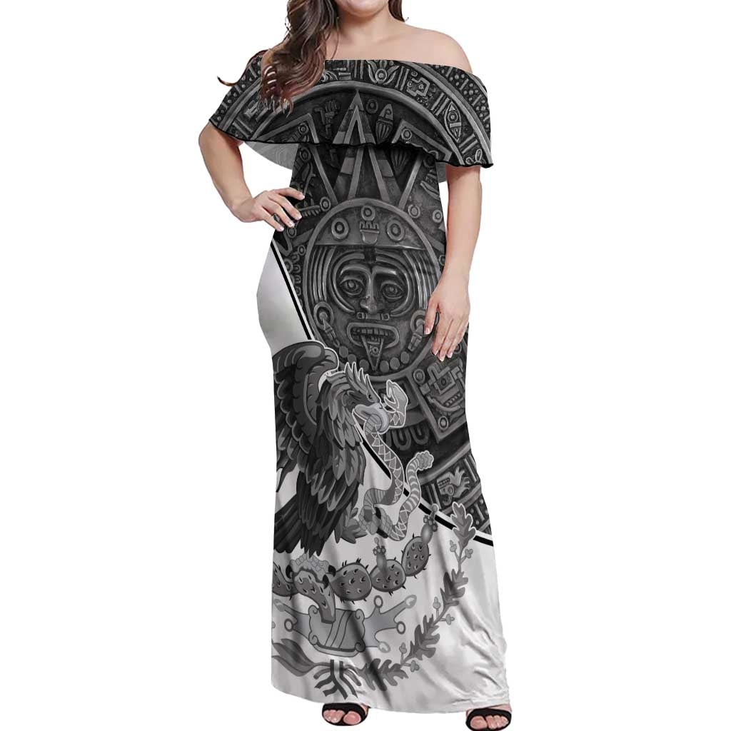 Personalized Mexico Aztec Calendar Off Shoulder Maxi Dress Flag and Coat of Arms
