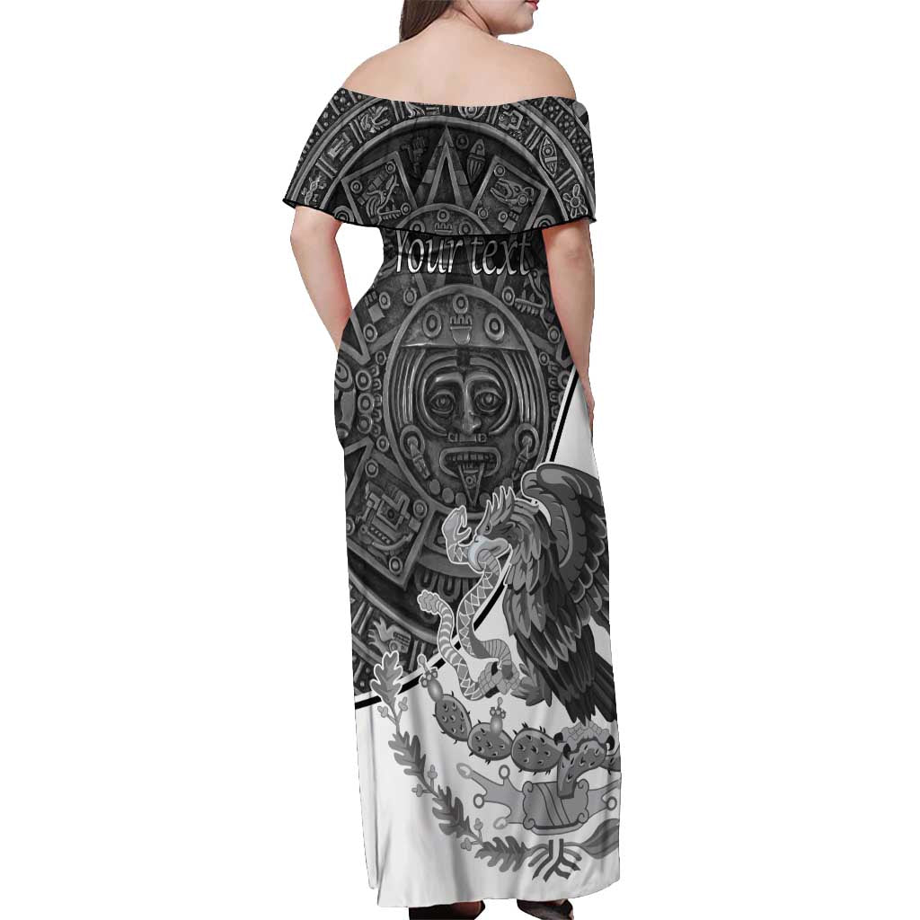 Personalized Mexico Aztec Calendar Off Shoulder Maxi Dress Flag and Coat of Arms