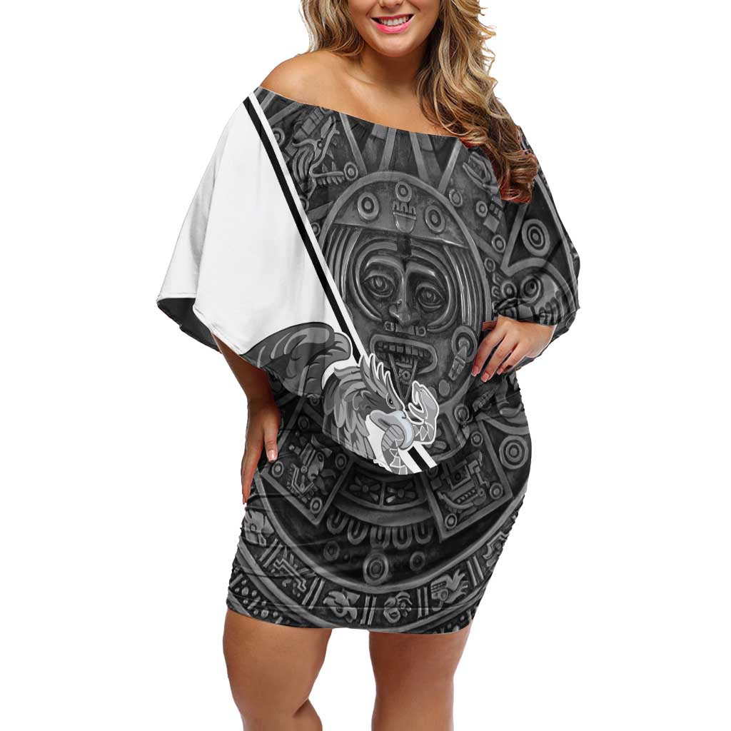 Personalized Mexico Aztec Calendar Off Shoulder Short Dress Flag and Coat of Arms
