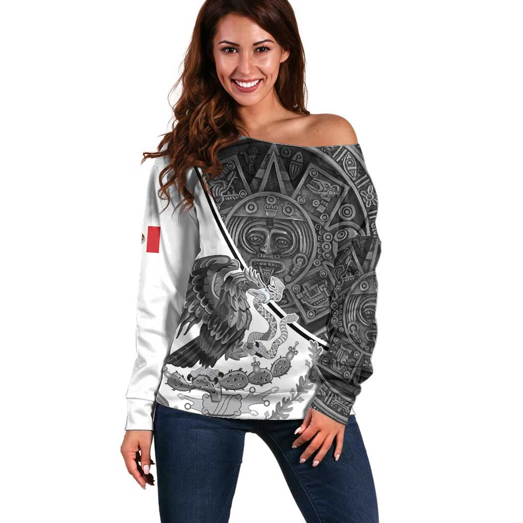 Personalized Mexico Aztec Calendar Off Shoulder Sweater Flag and Coat of Arms