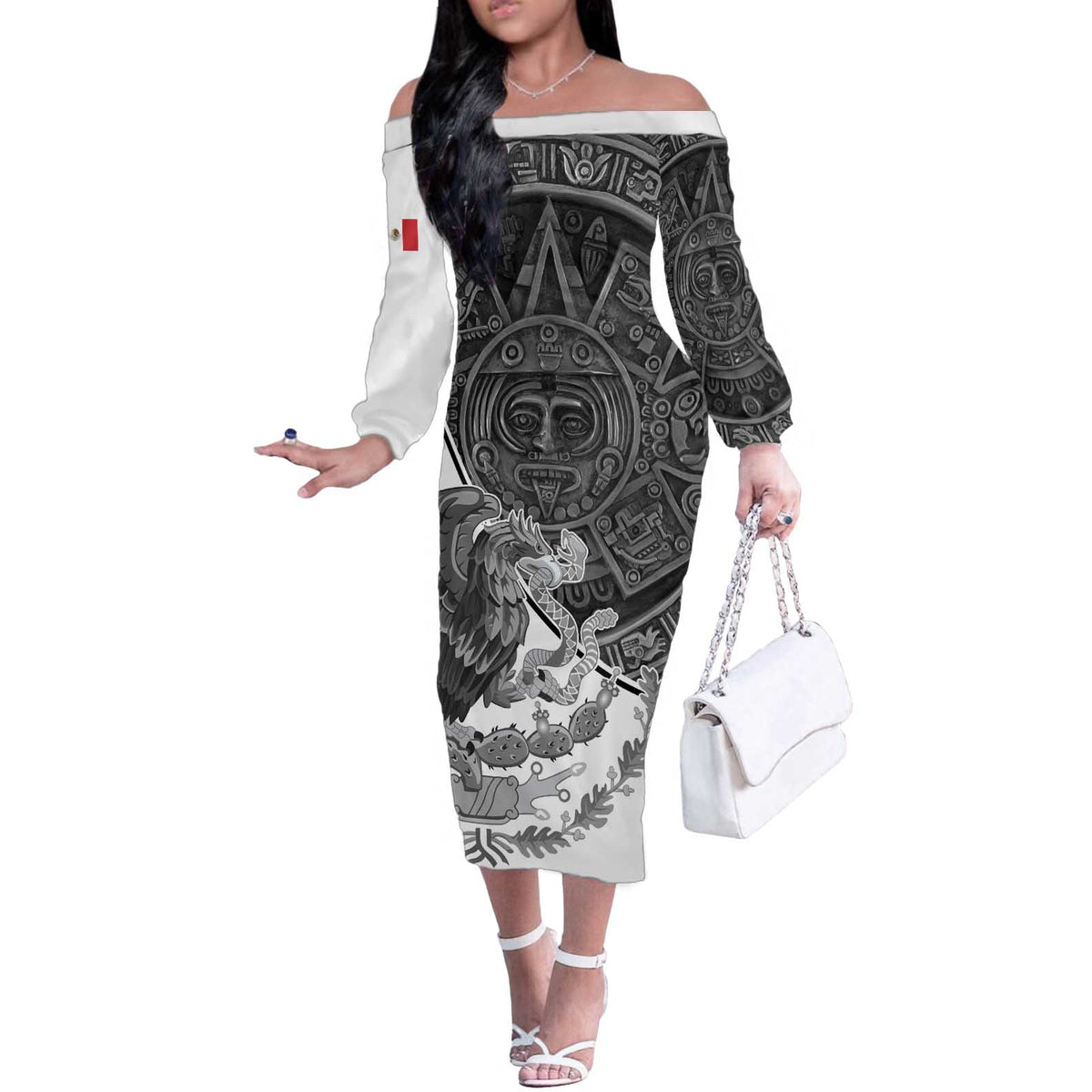 Personalized Mexico Aztec Calendar Off The Shoulder Long Sleeve Dress Flag and Coat of Arms