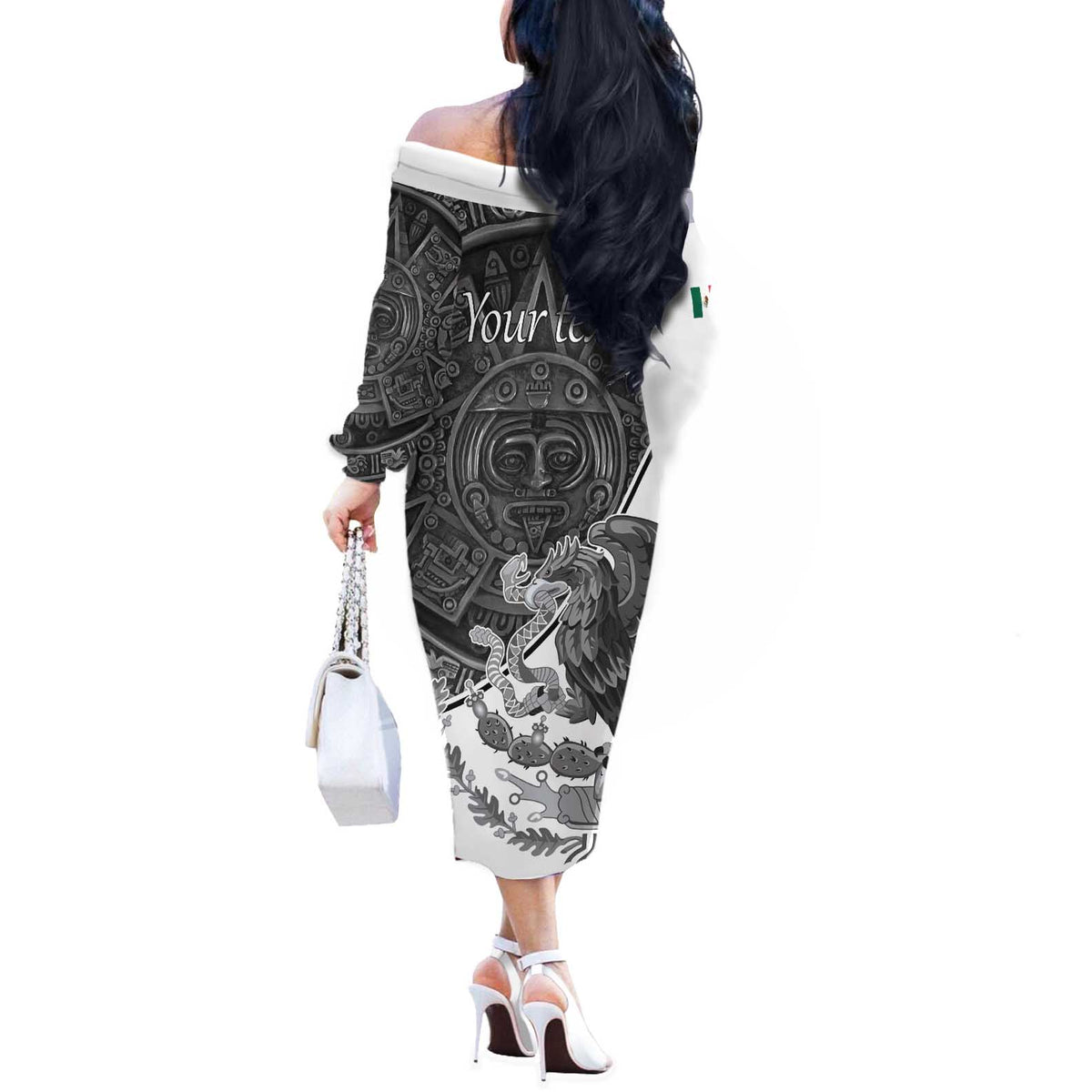 Personalized Mexico Aztec Calendar Off The Shoulder Long Sleeve Dress Flag and Coat of Arms