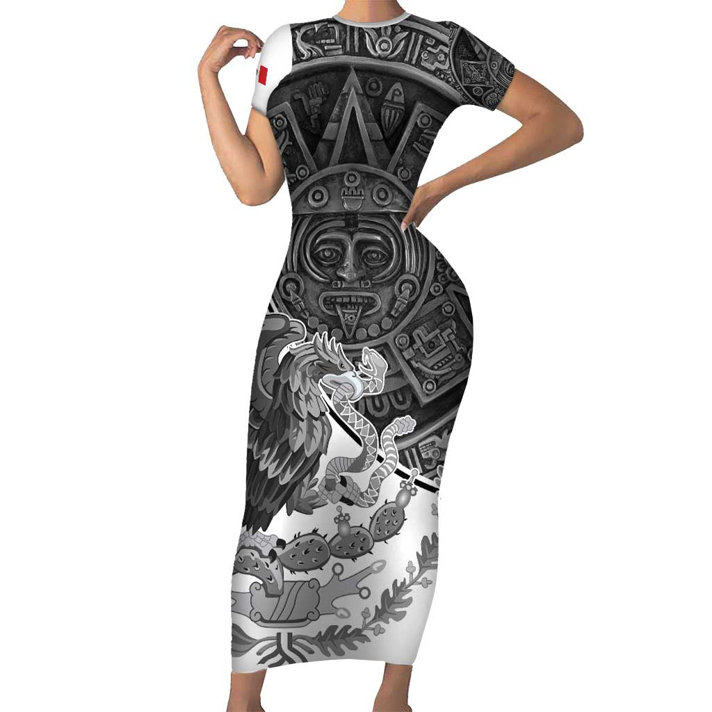 Personalized Mexico Aztec Calendar Short Sleeve Bodycon Dress Flag and Coat of Arms