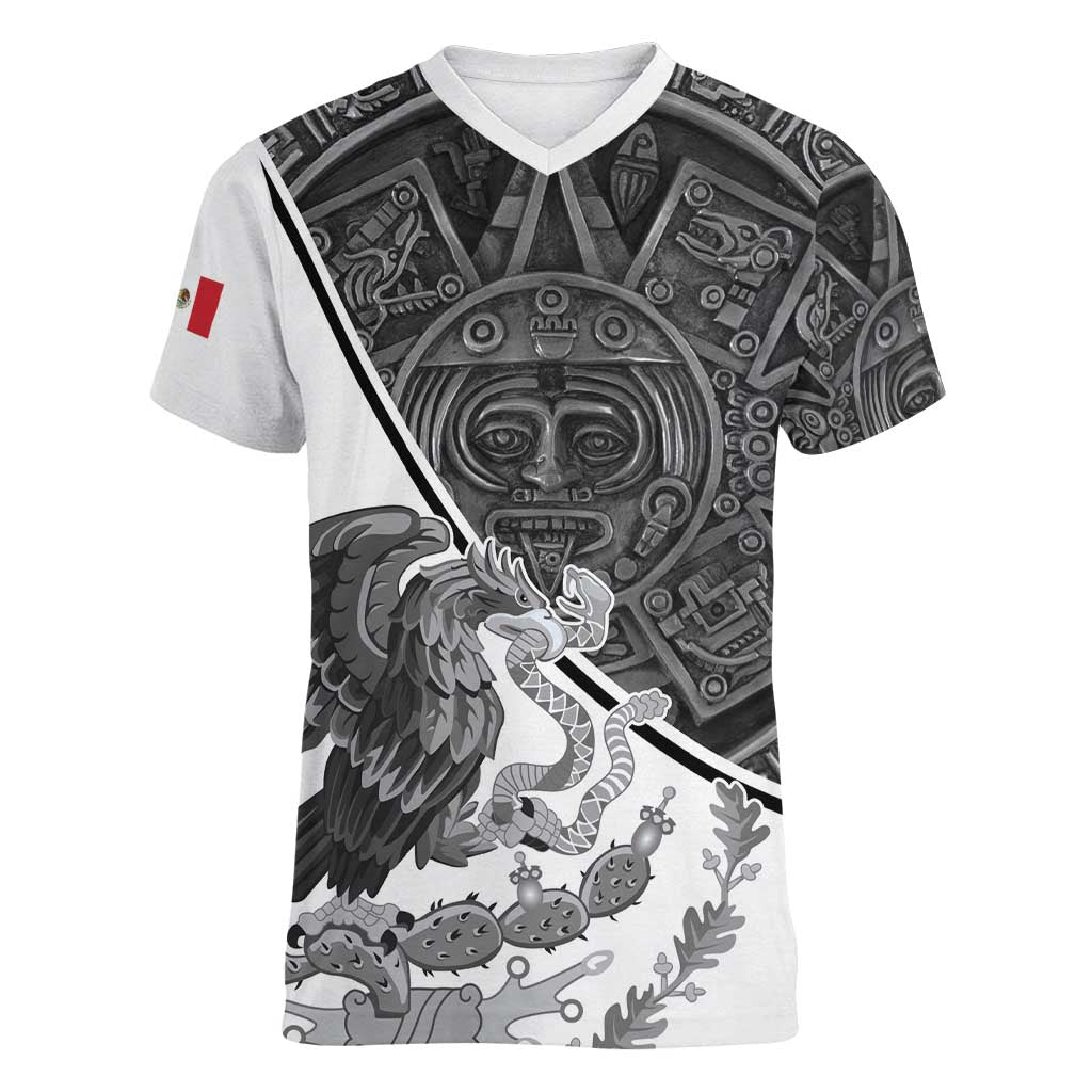 Personalized Mexico Aztec Calendar Women V-Neck T-Shirt Flag and Coat of Arms