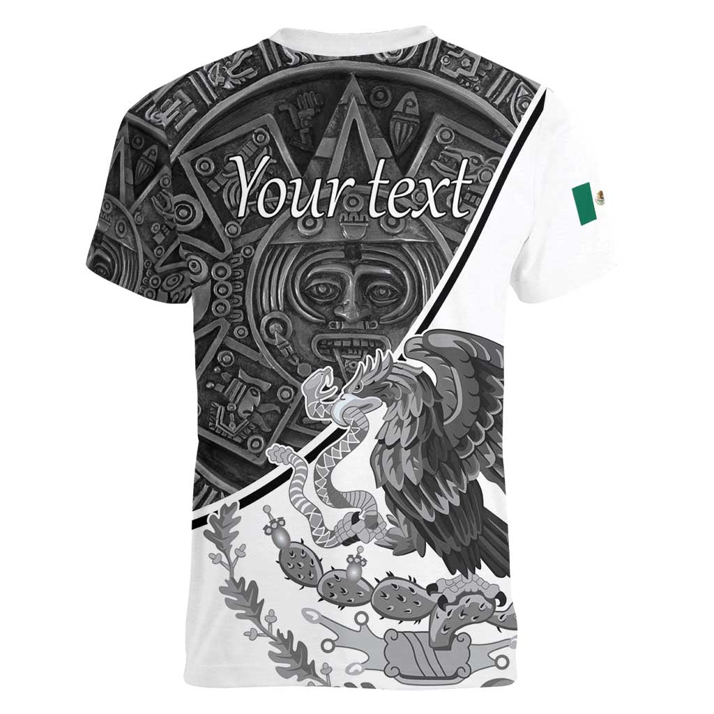 Personalized Mexico Aztec Calendar Women V-Neck T-Shirt Flag and Coat of Arms