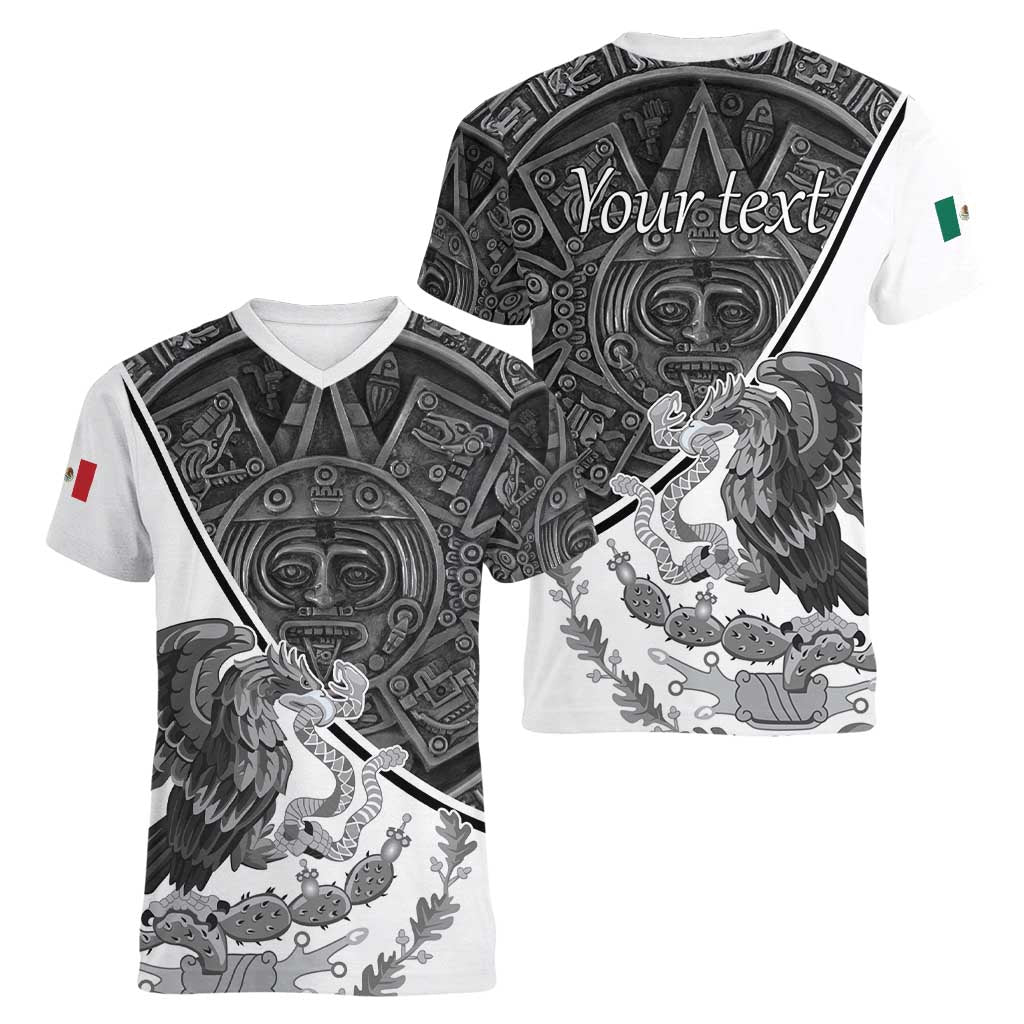 Personalized Mexico Aztec Calendar Women V-Neck T-Shirt Flag and Coat of Arms