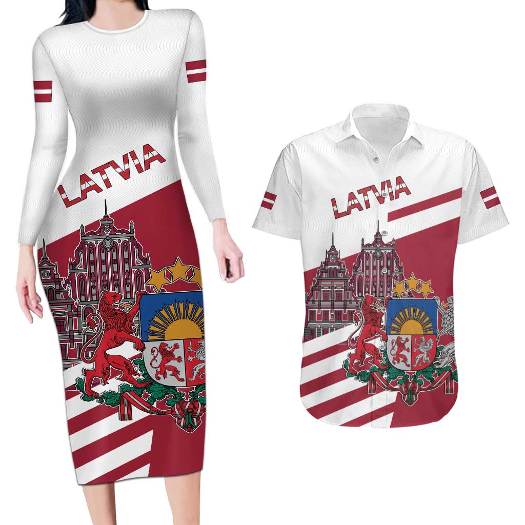 Personalized Riga Town Hall Square Latvia Couples Matching Long Sleeve Bodycon Dress and Hawaiian Shirt Coat of Arms