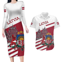 Personalized Riga Town Hall Square Latvia Couples Matching Long Sleeve Bodycon Dress and Hawaiian Shirt Coat of Arms