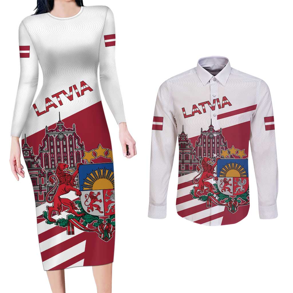 Personalized Riga Town Hall Square Latvia Couples Matching Long Sleeve Bodycon Dress and Long Sleeve Button Shirt Coat of Arms