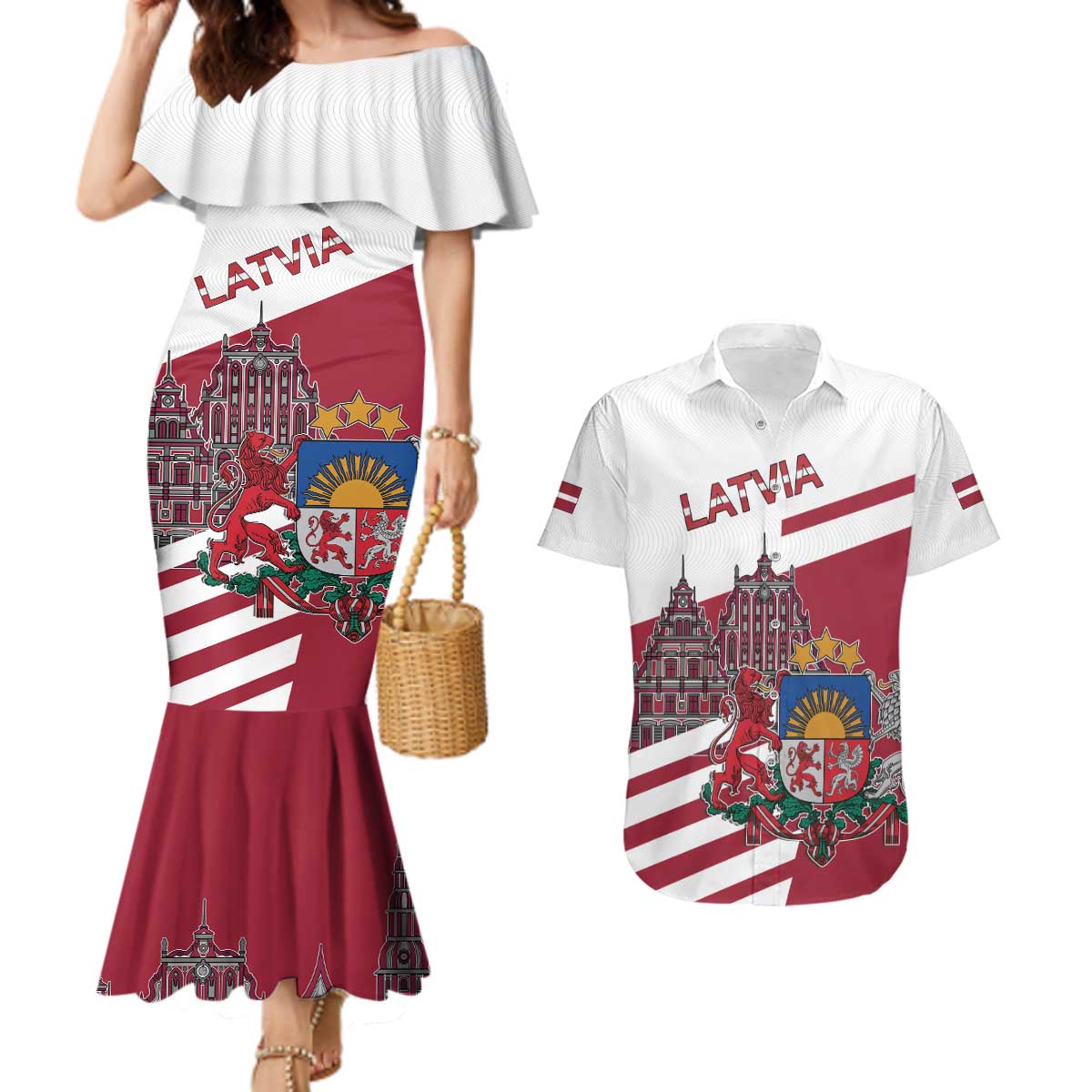 Personalized Riga Town Hall Square Latvia Couples Matching Mermaid Dress and Hawaiian Shirt Coat of Arms