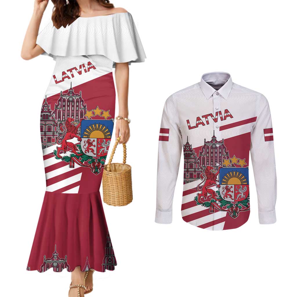 Personalized Riga Town Hall Square Latvia Couples Matching Mermaid Dress and Long Sleeve Button Shirt Coat of Arms