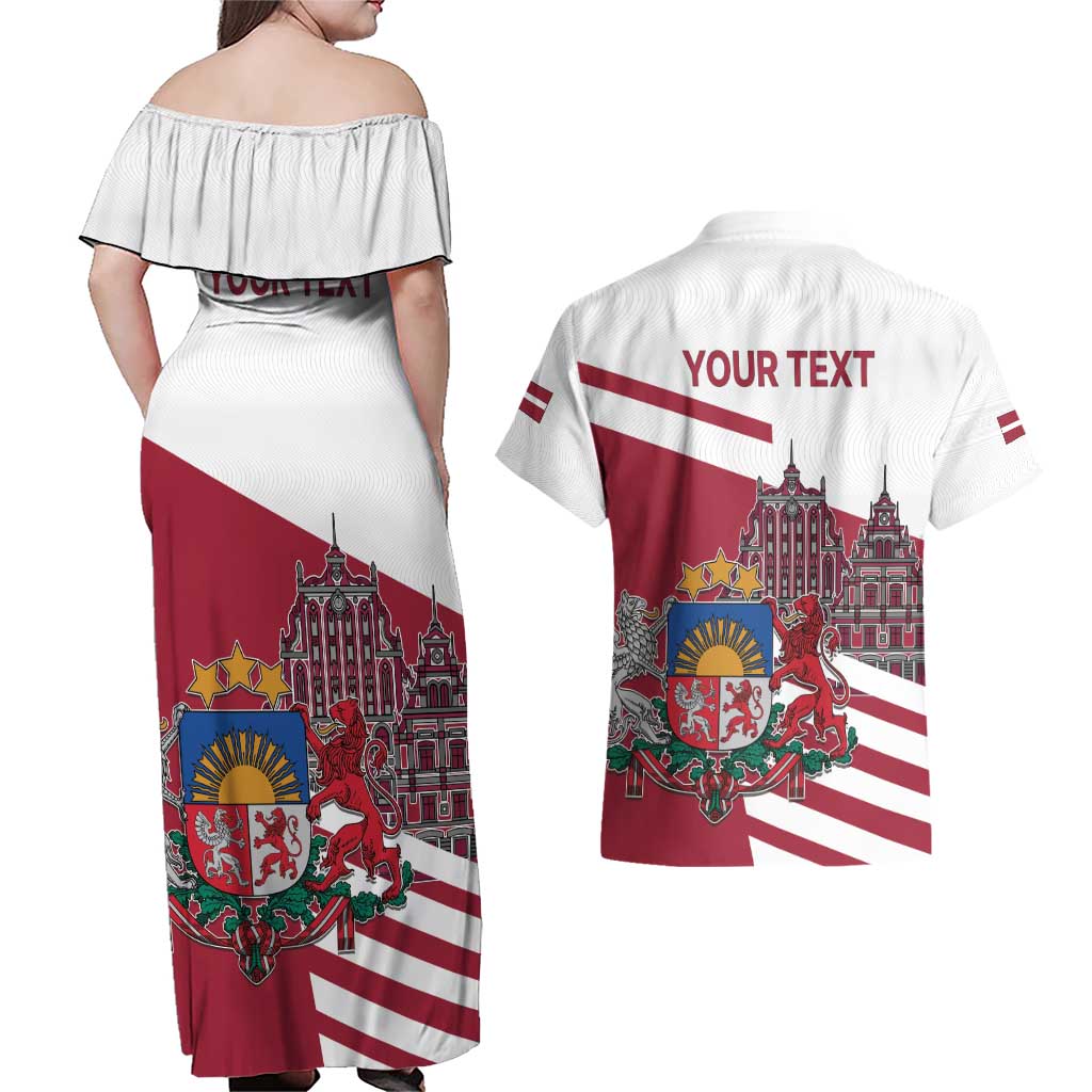 Personalized Riga Town Hall Square Latvia Couples Matching Off Shoulder Maxi Dress and Hawaiian Shirt Coat of Arms