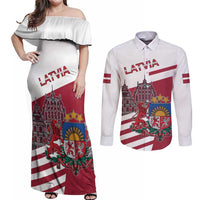 Personalized Riga Town Hall Square Latvia Couples Matching Off Shoulder Maxi Dress and Long Sleeve Button Shirt Coat of Arms