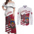 Personalized Riga Town Hall Square Latvia Couples Matching Off Shoulder Maxi Dress and Long Sleeve Button Shirt Coat of Arms