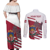 Personalized Riga Town Hall Square Latvia Couples Matching Off Shoulder Maxi Dress and Long Sleeve Button Shirt Coat of Arms