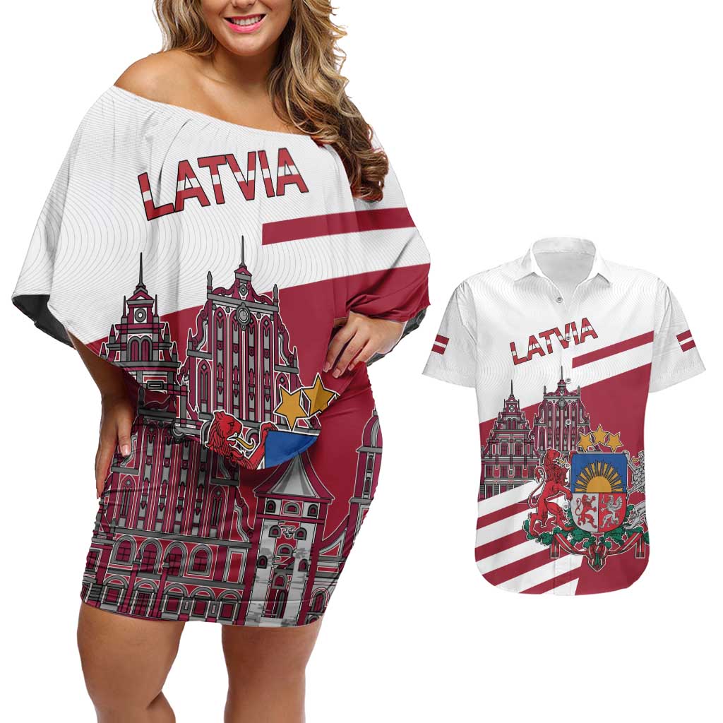 Personalized Riga Town Hall Square Latvia Couples Matching Off Shoulder Short Dress and Hawaiian Shirt Coat of Arms