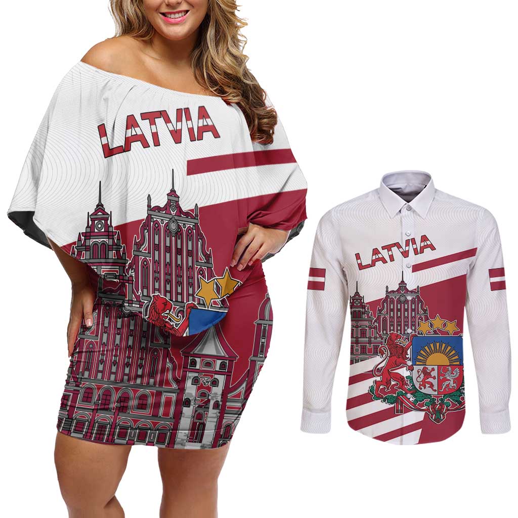 Personalized Riga Town Hall Square Latvia Couples Matching Off Shoulder Short Dress and Long Sleeve Button Shirt Coat of Arms
