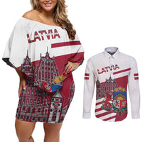 Personalized Riga Town Hall Square Latvia Couples Matching Off Shoulder Short Dress and Long Sleeve Button Shirt Coat of Arms