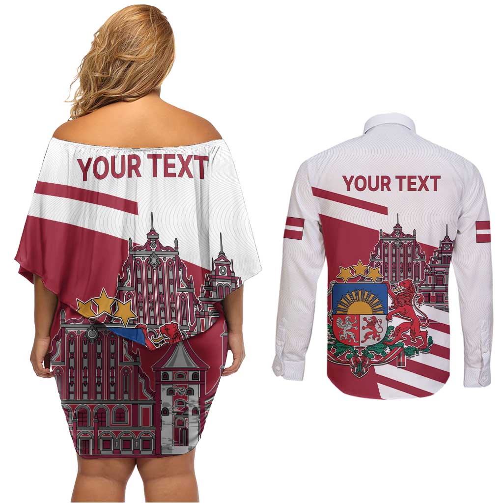 Personalized Riga Town Hall Square Latvia Couples Matching Off Shoulder Short Dress and Long Sleeve Button Shirt Coat of Arms